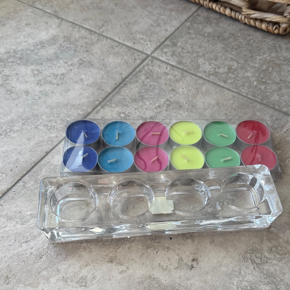Laura Glass flat 4 tea light holder w/colorful tea lights box of 12